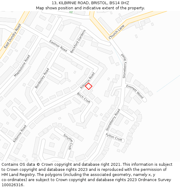 13, KILBIRNIE ROAD, BRISTOL, BS14 0HZ: Location map and indicative extent of plot