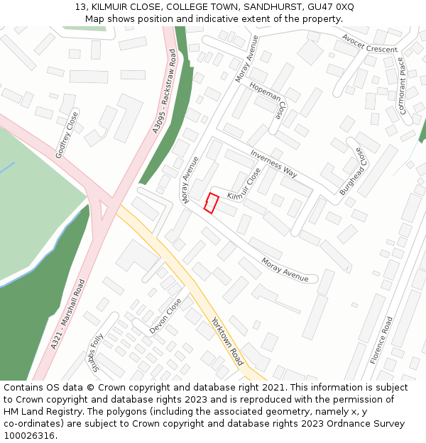 13, KILMUIR CLOSE, COLLEGE TOWN, SANDHURST, GU47 0XQ: Location map and indicative extent of plot