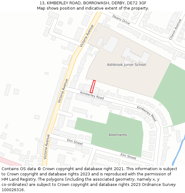 13, KIMBERLEY ROAD, BORROWASH, DERBY, DE72 3GF: Location map and indicative extent of plot