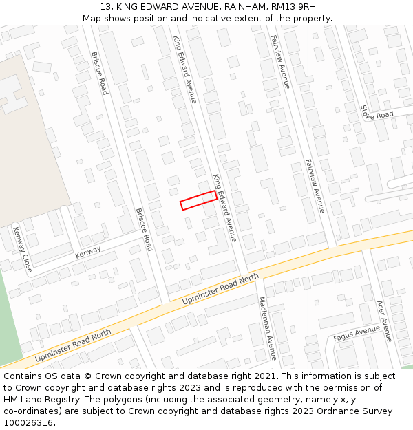 13, KING EDWARD AVENUE, RAINHAM, RM13 9RH: Location map and indicative extent of plot