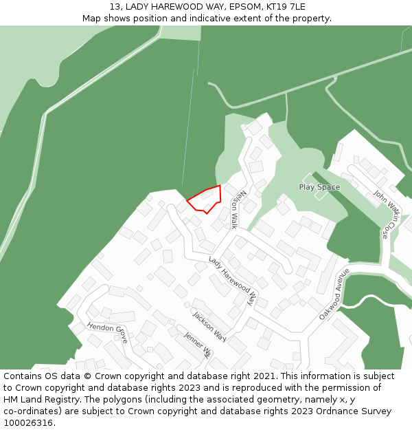 13, LADY HAREWOOD WAY, EPSOM, KT19 7LE: Location map and indicative extent of plot