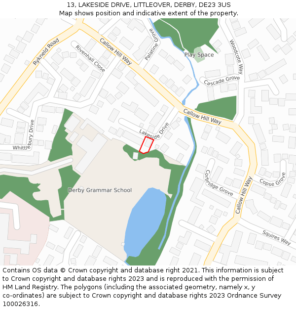 13, LAKESIDE DRIVE, LITTLEOVER, DERBY, DE23 3US: Location map and indicative extent of plot