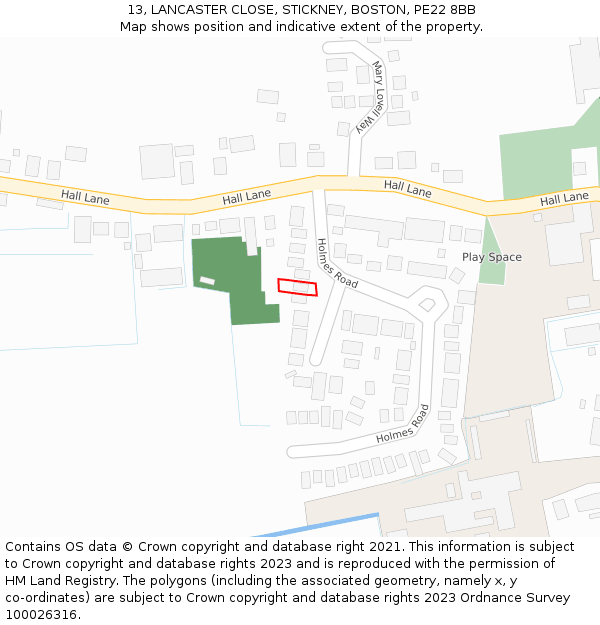 13, LANCASTER CLOSE, STICKNEY, BOSTON, PE22 8BB: Location map and indicative extent of plot
