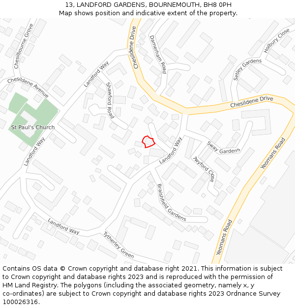 13, LANDFORD GARDENS, BOURNEMOUTH, BH8 0PH: Location map and indicative extent of plot