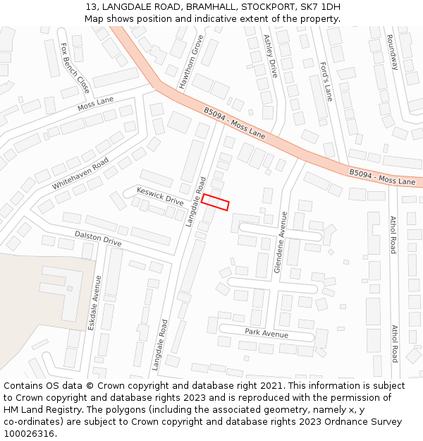 13, LANGDALE ROAD, BRAMHALL, STOCKPORT, SK7 1DH: Location map and indicative extent of plot