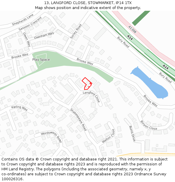 13, LANGFORD CLOSE, STOWMARKET, IP14 1TX: Location map and indicative extent of plot