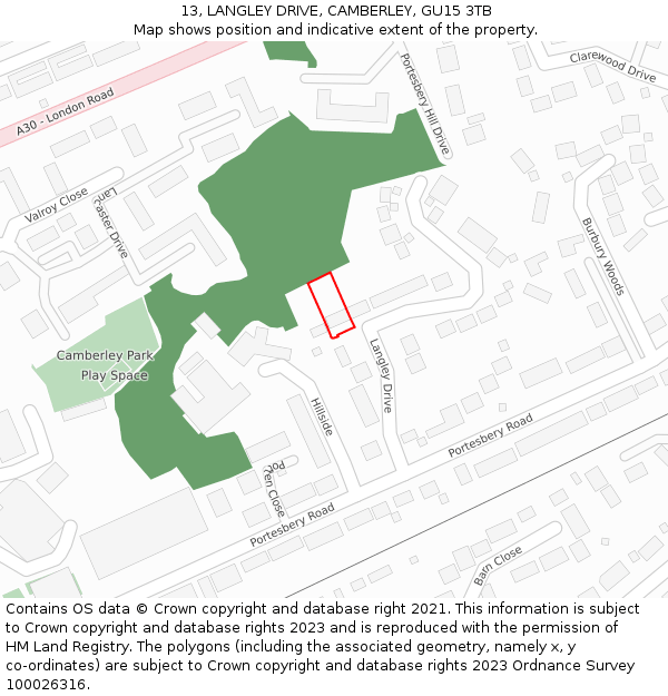 13, LANGLEY DRIVE, CAMBERLEY, GU15 3TB: Location map and indicative extent of plot