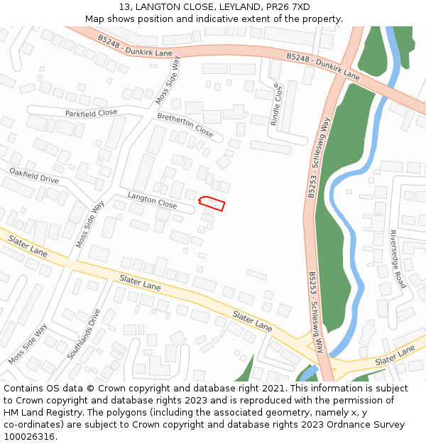 13, LANGTON CLOSE, LEYLAND, PR26 7XD: Location map and indicative extent of plot