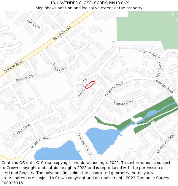 13, LAVENDER CLOSE, CORBY, NN18 8NX: Location map and indicative extent of plot