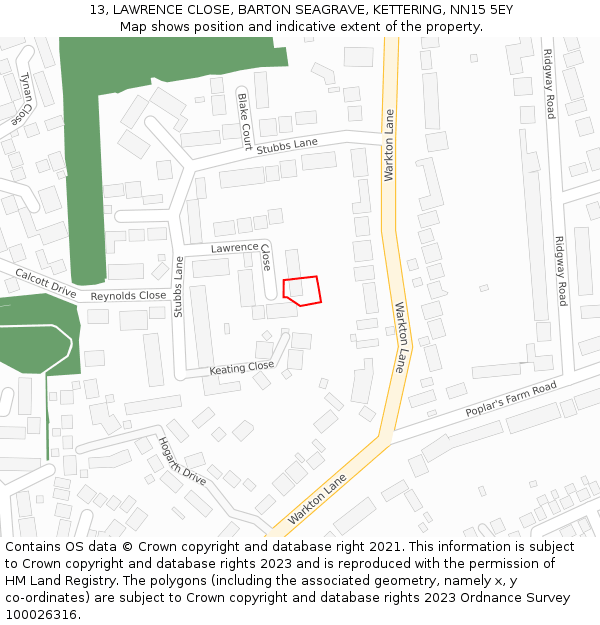 13, LAWRENCE CLOSE, BARTON SEAGRAVE, KETTERING, NN15 5EY: Location map and indicative extent of plot