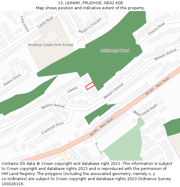 13, LEAWAY, PRUDHOE, NE42 6QE: Location map and indicative extent of plot