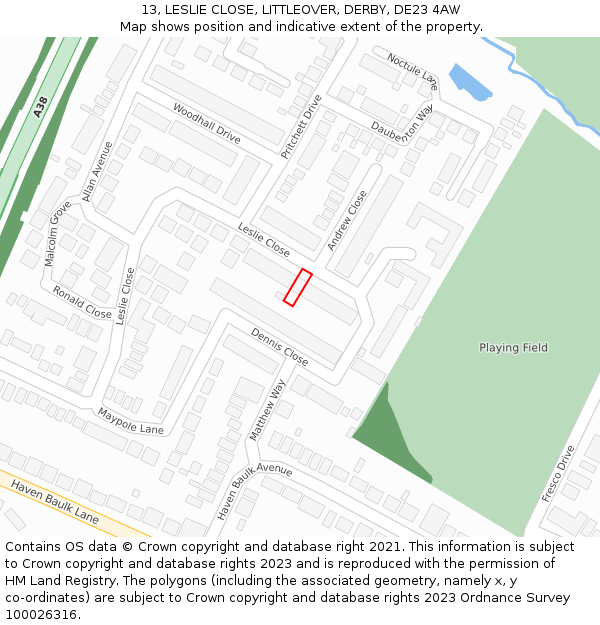 13, LESLIE CLOSE, LITTLEOVER, DERBY, DE23 4AW: Location map and indicative extent of plot