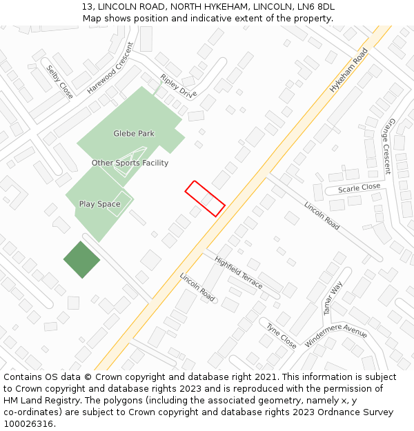 13, LINCOLN ROAD, NORTH HYKEHAM, LINCOLN, LN6 8DL: Location map and indicative extent of plot