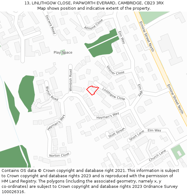 13, LINLITHGOW CLOSE, PAPWORTH EVERARD, CAMBRIDGE, CB23 3RX: Location map and indicative extent of plot