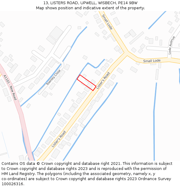 13, LISTERS ROAD, UPWELL, WISBECH, PE14 9BW: Location map and indicative extent of plot