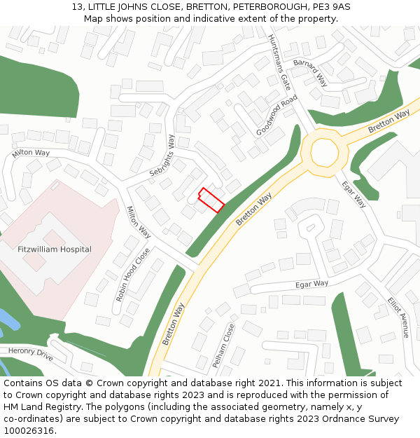 13, LITTLE JOHNS CLOSE, BRETTON, PETERBOROUGH, PE3 9AS: Location map and indicative extent of plot