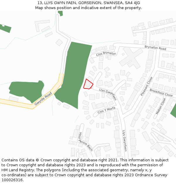 13, LLYS GWYN FAEN, GORSEINON, SWANSEA, SA4 4JG: Location map and indicative extent of plot
