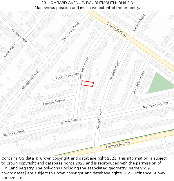13, LOMBARD AVENUE, BOURNEMOUTH, BH6 3LY: Location map and indicative extent of plot