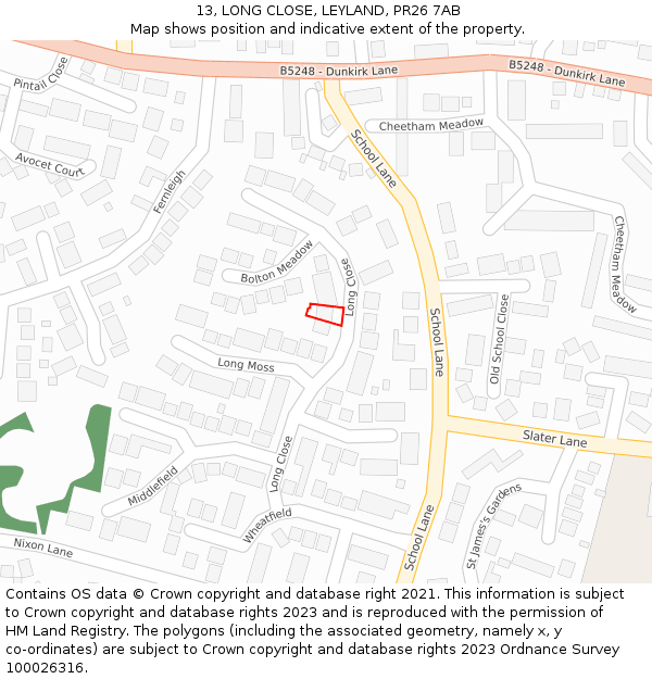 13, LONG CLOSE, LEYLAND, PR26 7AB: Location map and indicative extent of plot