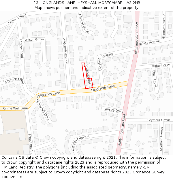 13, LONGLANDS LANE, HEYSHAM, MORECAMBE, LA3 2NR: Location map and indicative extent of plot