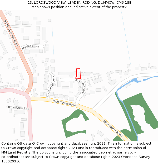 13, LORDSWOOD VIEW, LEADEN RODING, DUNMOW, CM6 1SE: Location map and indicative extent of plot