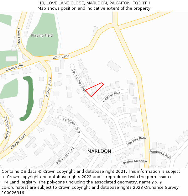 13, LOVE LANE CLOSE, MARLDON, PAIGNTON, TQ3 1TH: Location map and indicative extent of plot