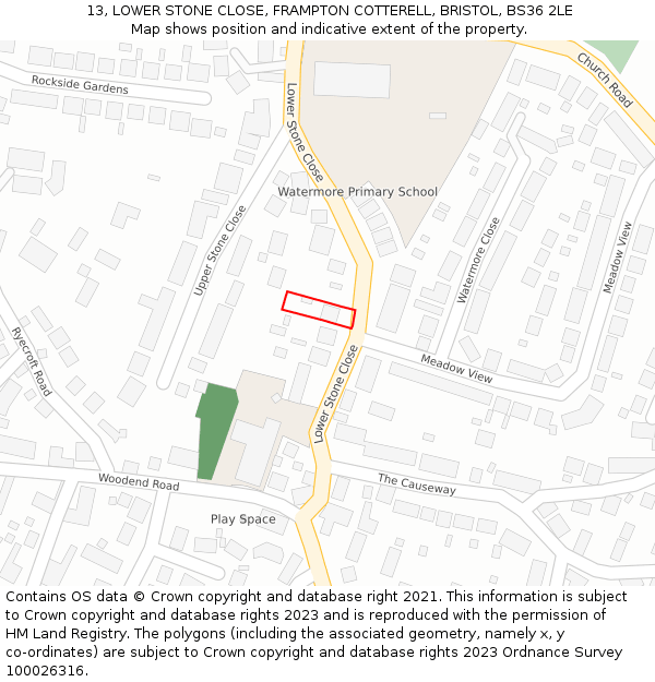 13, LOWER STONE CLOSE, FRAMPTON COTTERELL, BRISTOL, BS36 2LE: Location map and indicative extent of plot