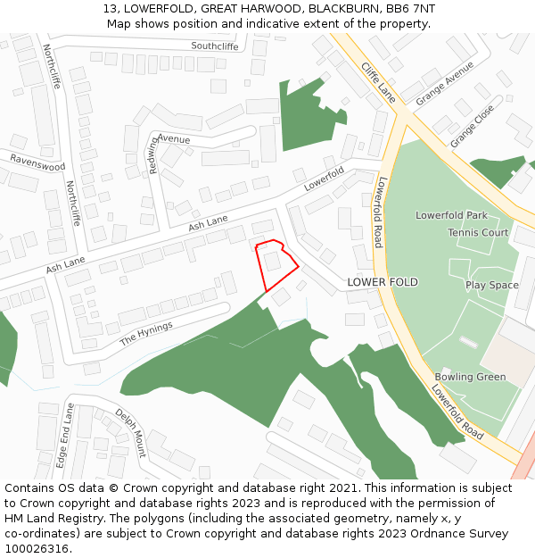 13, LOWERFOLD, GREAT HARWOOD, BLACKBURN, BB6 7NT: Location map and indicative extent of plot