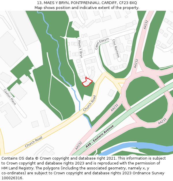 13, MAES Y BRYN, PONTPRENNAU, CARDIFF, CF23 8XQ: Location map and indicative extent of plot