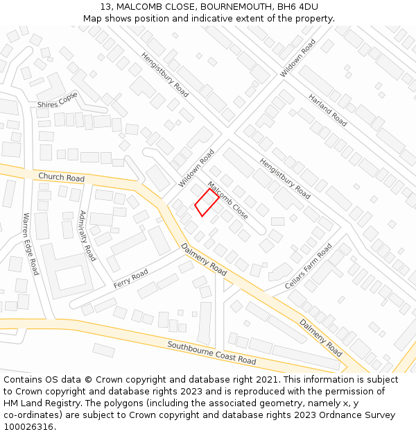13, MALCOMB CLOSE, BOURNEMOUTH, BH6 4DU: Location map and indicative extent of plot
