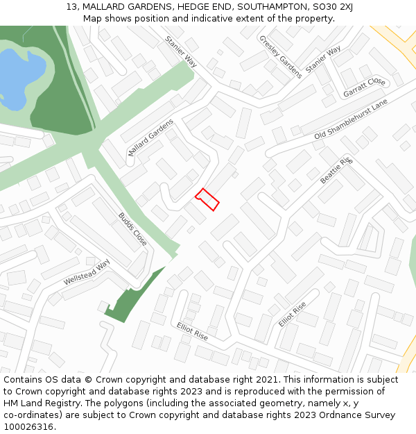 13, MALLARD GARDENS, HEDGE END, SOUTHAMPTON, SO30 2XJ: Location map and indicative extent of plot