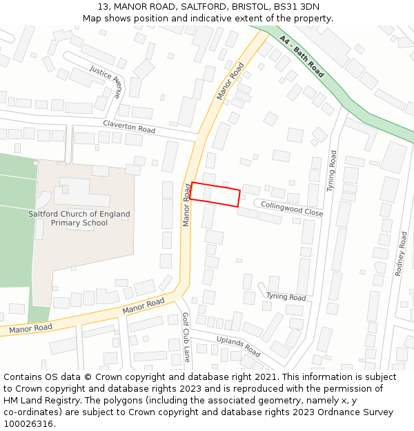 13, MANOR ROAD, SALTFORD, BRISTOL, BS31 3DN: Location map and indicative extent of plot