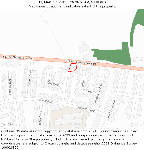 13, MAPLE CLOSE, WYMONDHAM, NR18 0HP: Location map and indicative extent of plot