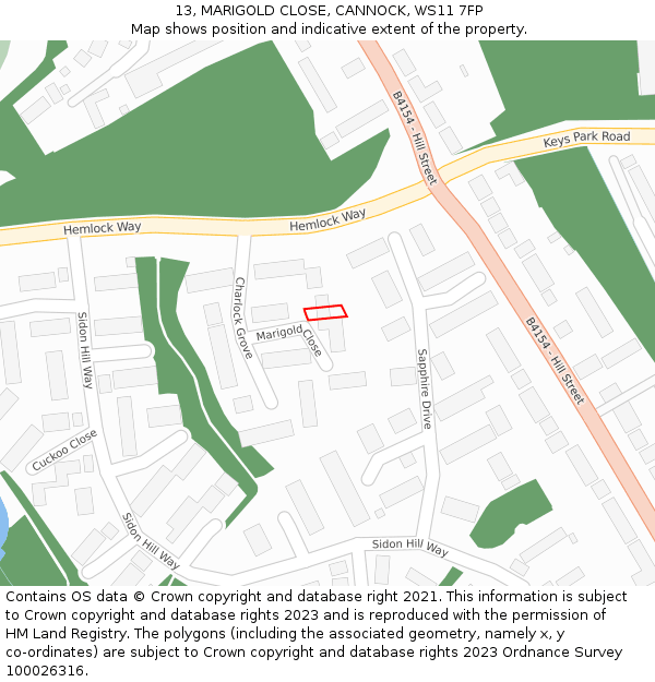 13, MARIGOLD CLOSE, CANNOCK, WS11 7FP: Location map and indicative extent of plot