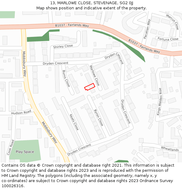 13, MARLOWE CLOSE, STEVENAGE, SG2 0JJ: Location map and indicative extent of plot