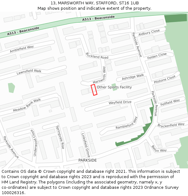 13, MARSWORTH WAY, STAFFORD, ST16 1UB: Location map and indicative extent of plot