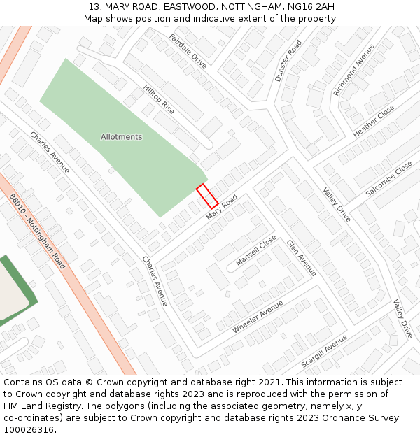 13, MARY ROAD, EASTWOOD, NOTTINGHAM, NG16 2AH: Location map and indicative extent of plot