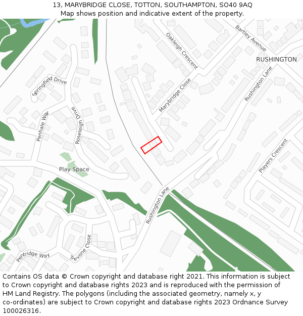 13, MARYBRIDGE CLOSE, TOTTON, SOUTHAMPTON, SO40 9AQ: Location map and indicative extent of plot