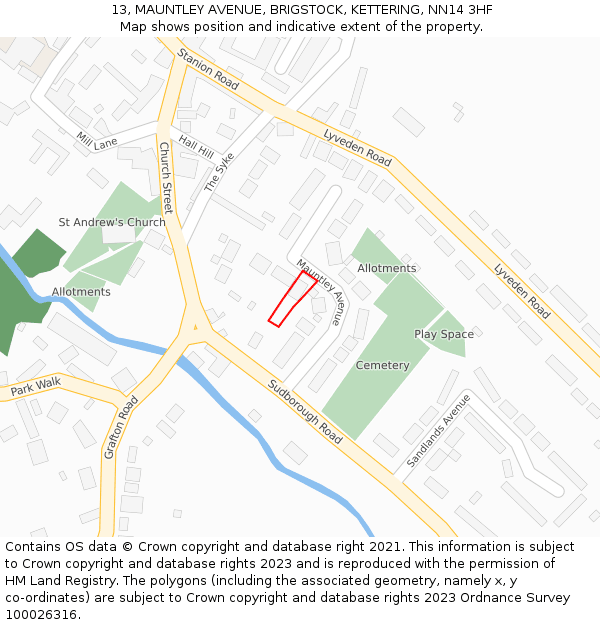 13, MAUNTLEY AVENUE, BRIGSTOCK, KETTERING, NN14 3HF: Location map and indicative extent of plot