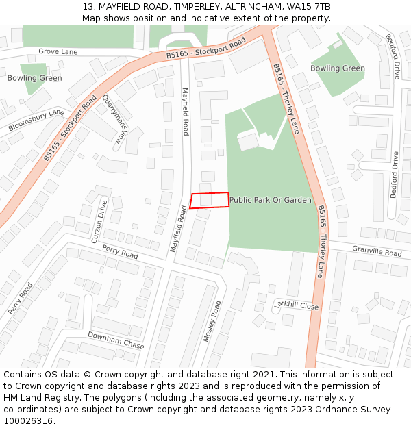 13, MAYFIELD ROAD, TIMPERLEY, ALTRINCHAM, WA15 7TB: Location map and indicative extent of plot