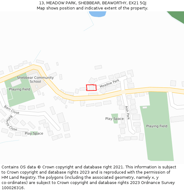 13, MEADOW PARK, SHEBBEAR, BEAWORTHY, EX21 5QJ: Location map and indicative extent of plot