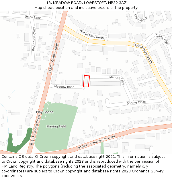 13, MEADOW ROAD, LOWESTOFT, NR32 3AZ: Location map and indicative extent of plot