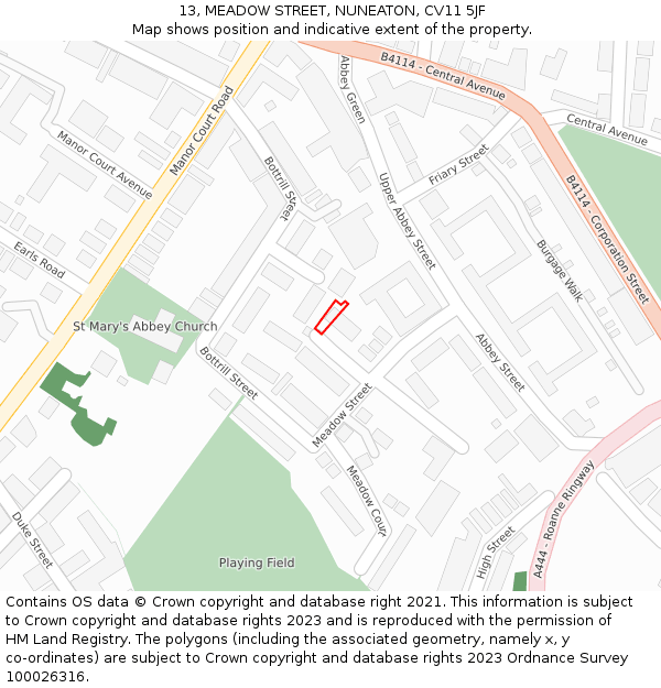 13, MEADOW STREET, NUNEATON, CV11 5JF: Location map and indicative extent of plot
