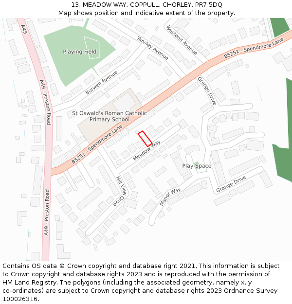 13, MEADOW WAY, COPPULL, CHORLEY, PR7 5DQ: Location map and indicative extent of plot