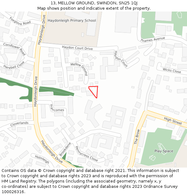 13, MELLOW GROUND, SWINDON, SN25 1QJ: Location map and indicative extent of plot