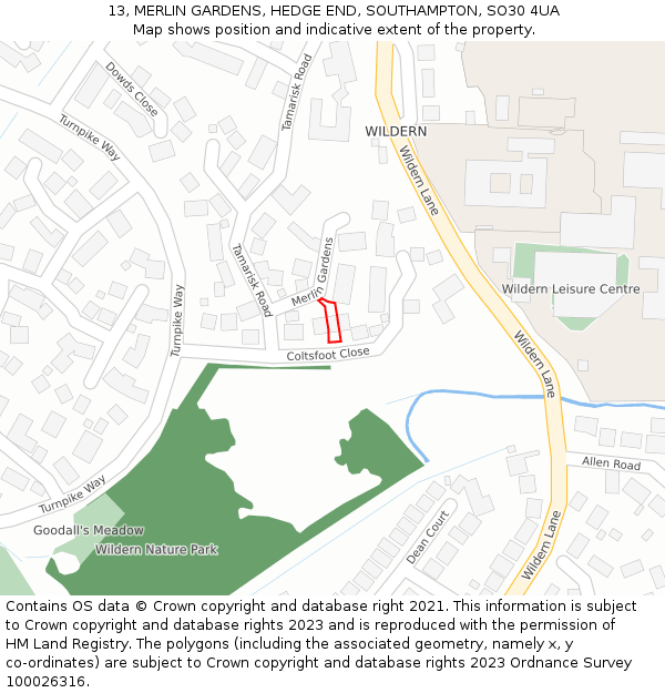 13, MERLIN GARDENS, HEDGE END, SOUTHAMPTON, SO30 4UA: Location map and indicative extent of plot