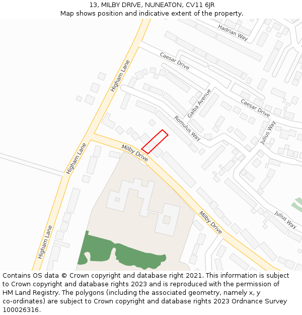 13, MILBY DRIVE, NUNEATON, CV11 6JR: Location map and indicative extent of plot
