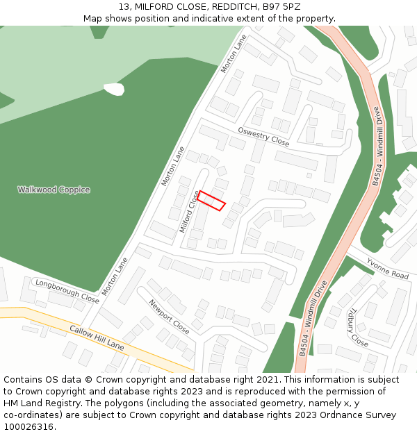 13, MILFORD CLOSE, REDDITCH, B97 5PZ: Location map and indicative extent of plot