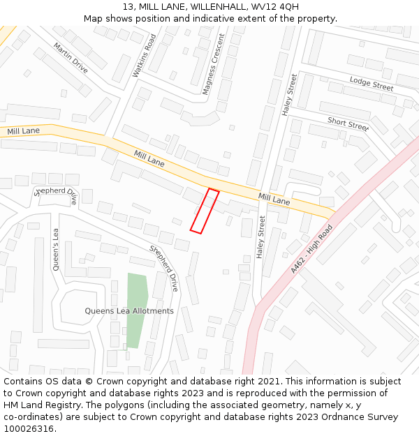13, MILL LANE, WILLENHALL, WV12 4QH: Location map and indicative extent of plot