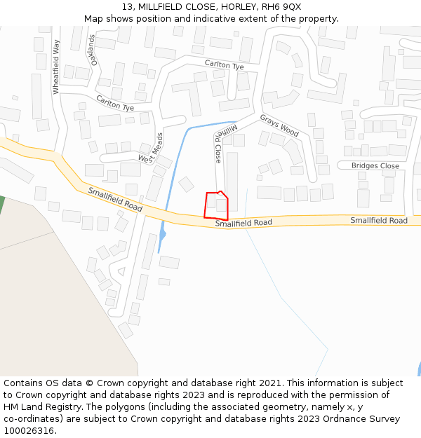 13, MILLFIELD CLOSE, HORLEY, RH6 9QX: Location map and indicative extent of plot